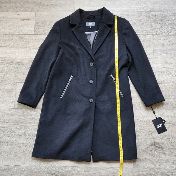 DKNY Black Wool Coat Womens Xl Long Zipper Pockets Button - Picture 13 of 14